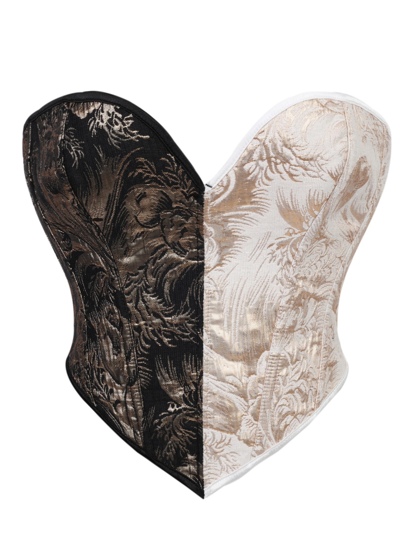 Boning Corset Steel - Schwarz-goldenes bedrucktes Korsett-Top, trägerloses, stahlverstärktes formgebendes