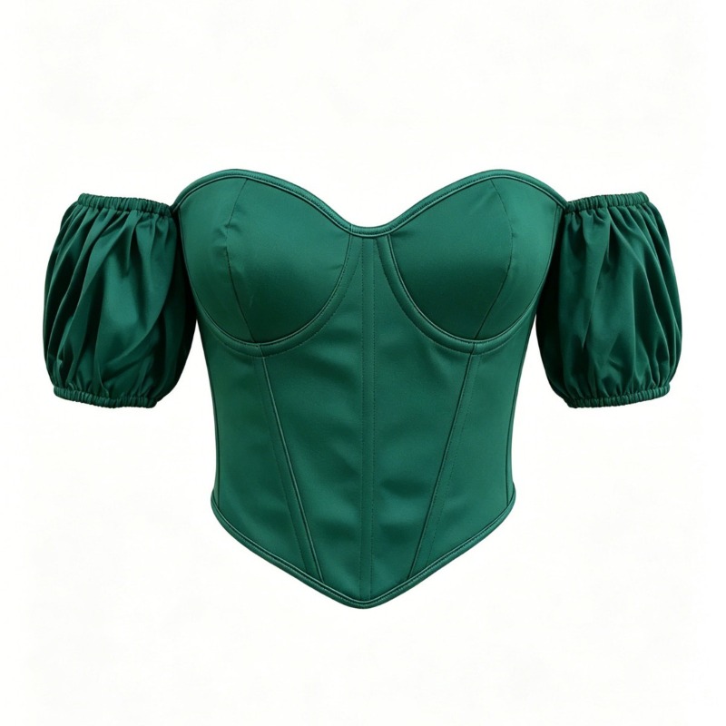 Boning Corset Steel - Sexy grünes Satin-Korsett-Top mit kurzen Ärmeln,
